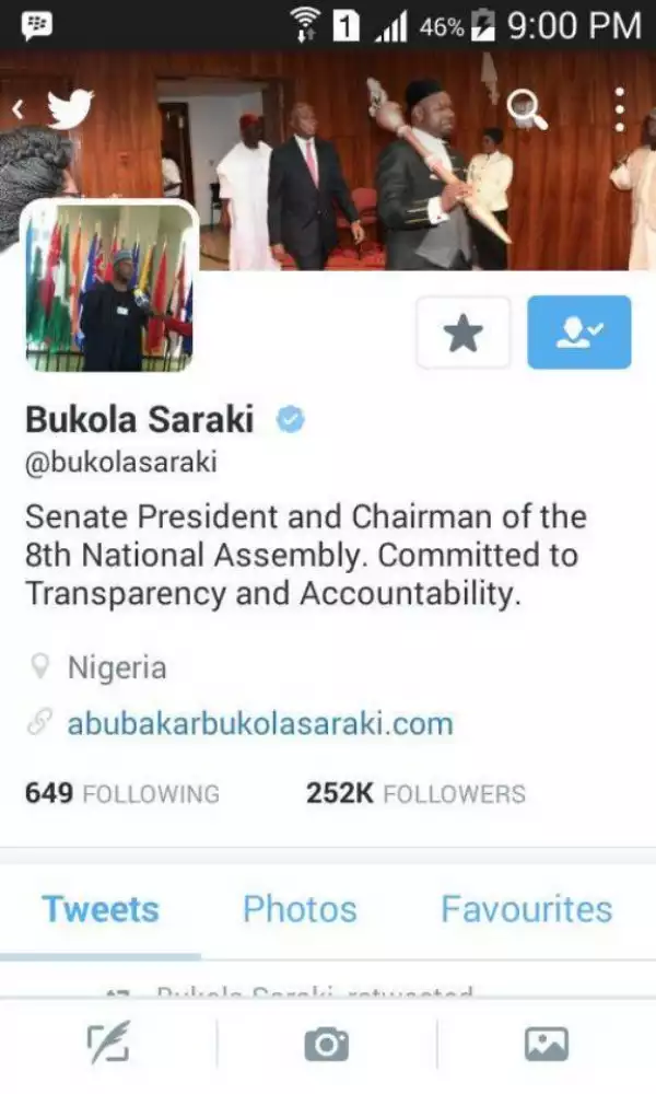 Saraki Has Removed APC From His Official Twitter Handle? [See Photo]